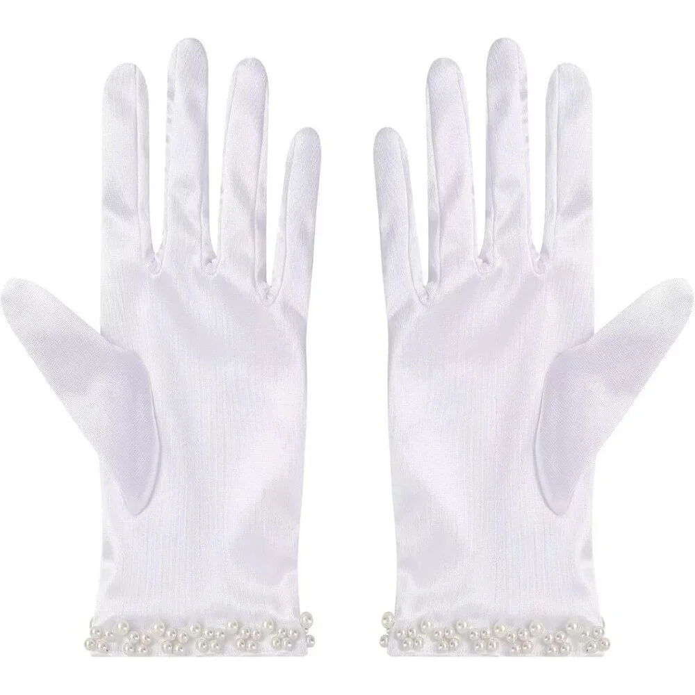 Women's White Satin Pearl Short Length Wrist Gloves Wedding Banquet Party Prom
